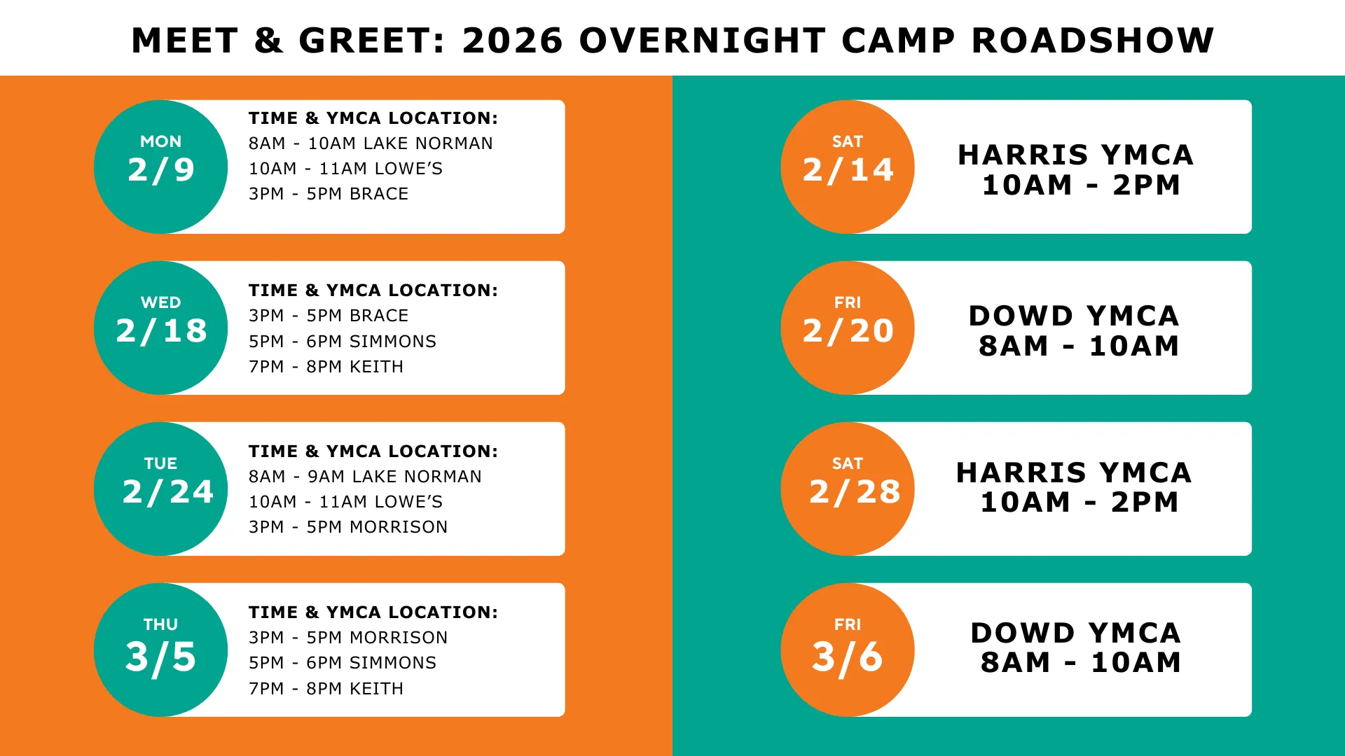 Overnight Camp 2026 Center Roadshow Schedule Graphic