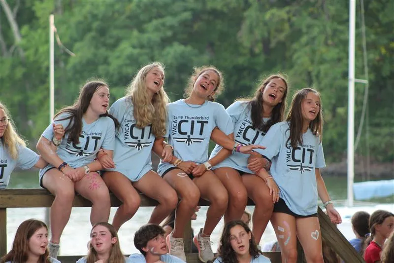 Five girls in blue Counselor in Training shirts at Camp Thunderbird